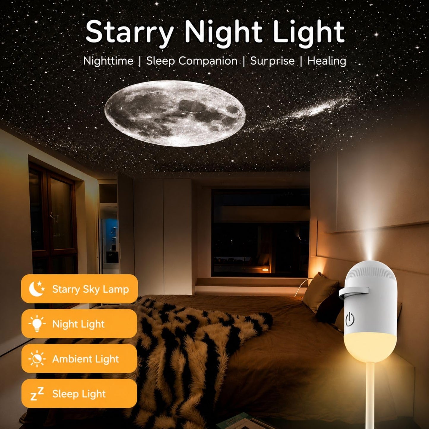 2-in-1 Galaxy Projector Night Light, USB Starry Sky Projector (1 Slide) | Mini LED Galaxy Projector with Adjustable Brightness, 360° Moon Projection, USB Powered for Bedroom & Room Decor.