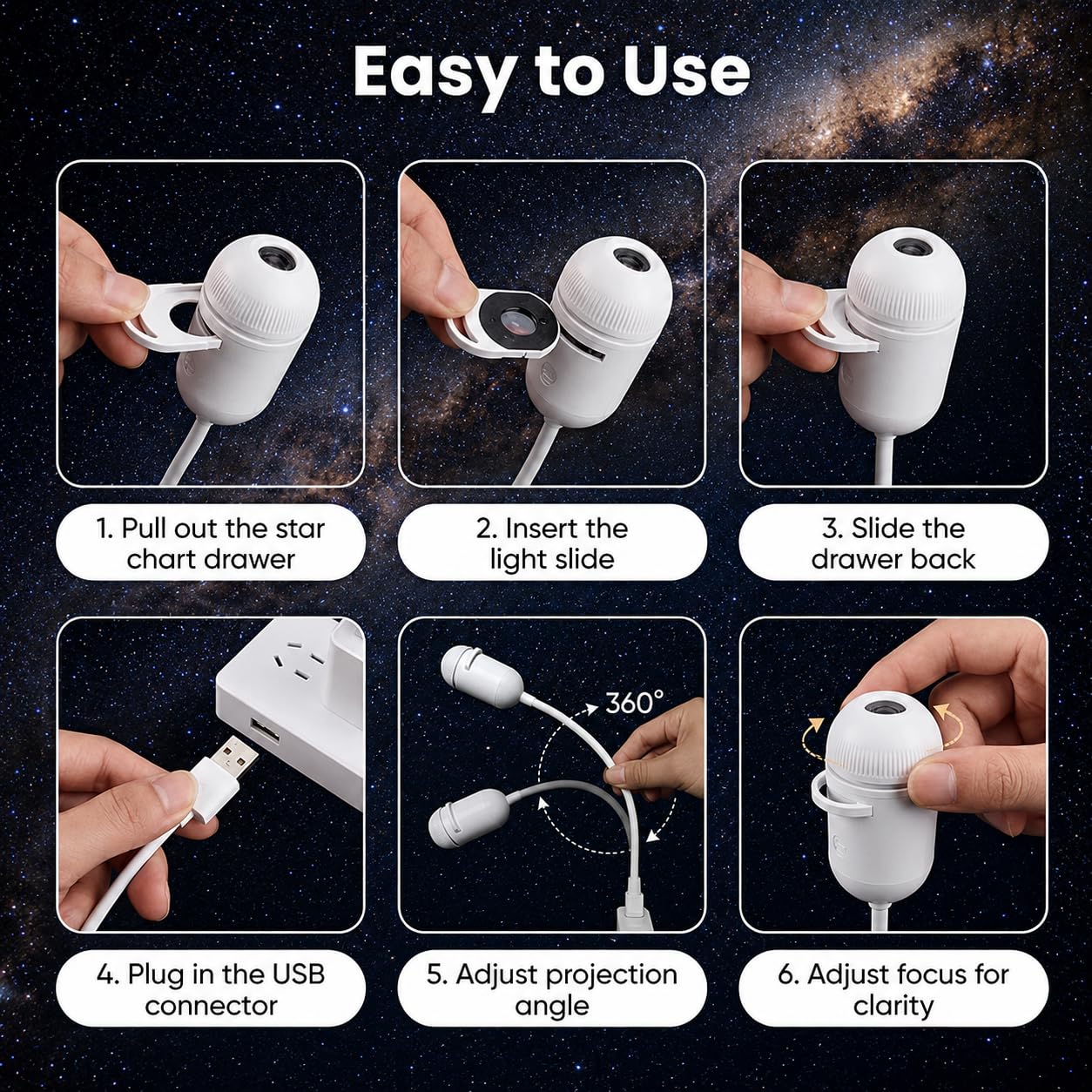 2-in-1 Galaxy Projector Night Light, USB Starry Sky Projector (1 Slide) | Mini LED Galaxy Projector with Adjustable Brightness, 360° Moon Projection, USB Powered for Bedroom & Room Decor.