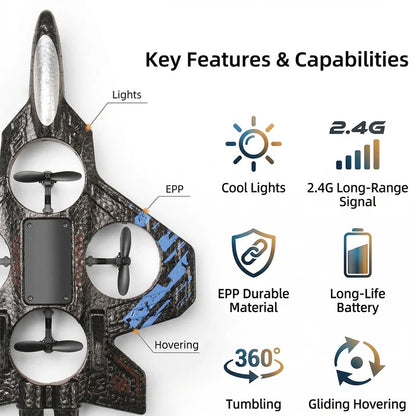 Remote Control Star Fighter Plane with Bright LED Lights Wireless Controller Stable Flying RC Toy for Kids